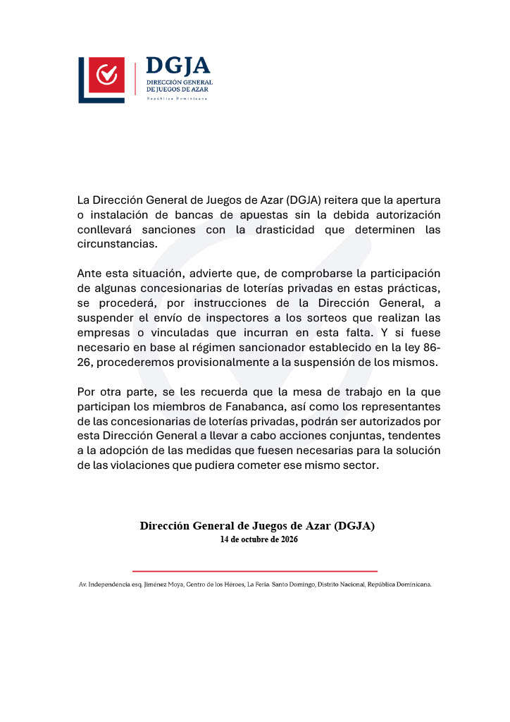 DGJA advierte sobre sanciones por instalación de bancas de apuestas sin autorización